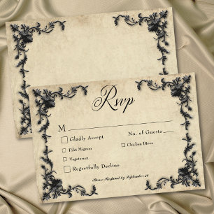 Gothic Black Tan Parchment Filigree Heart Wedding RSVP Card