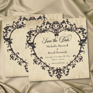 Gothic Black Tan Parchment Filigree Heart Wedding Save The Date