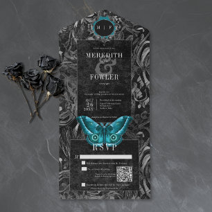 Gothic Black Teal Filigree Moth QR Code Wedding All In One Invitation