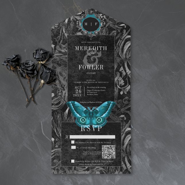 Gothic Black Teal Filigree Moth QR Code Wedding All In One Invitation (Creator Uploaded)