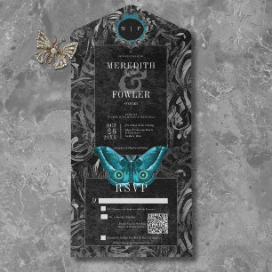Gothic Black Teal Filigree Moth QR Code Wedding All In One Invitation