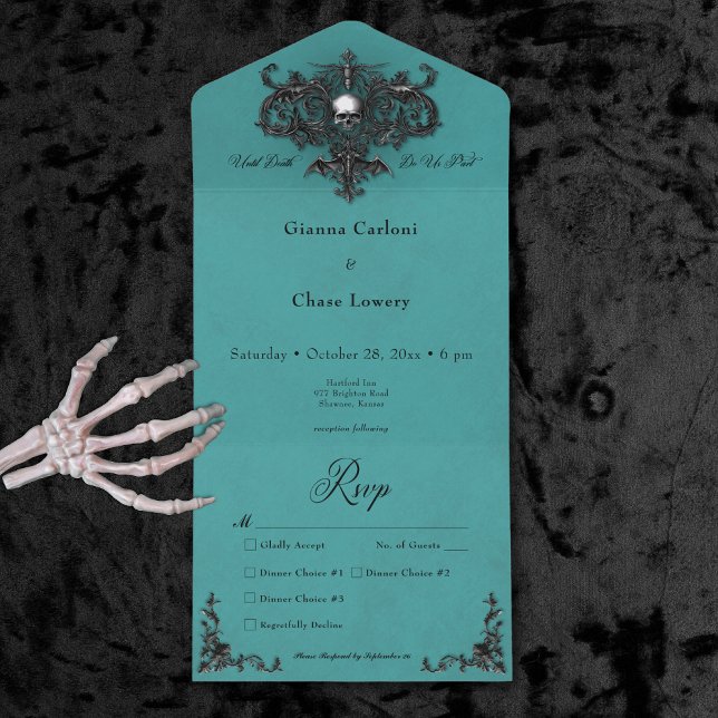 Gothic Black & Teal Halloween Filigree Dinner All In One Invitation (Gothic Black & Teal Halloween Filigree Dinner All In One Invitation)