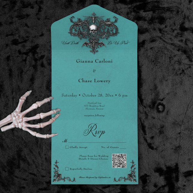 Gothic Black & Teal Halloween Filigree QR Code All In One Invitation (Gothic Black & Teal Halloween Filigree QR Code All In One Invitation)