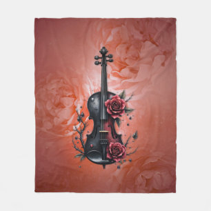 Gothic black violin with red roses fleece blanket