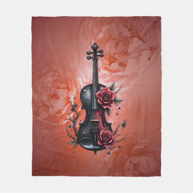Gothic black violin with red roses  fleece blanket (Front)