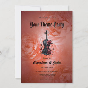 Gothic black violin with red roses  invitation