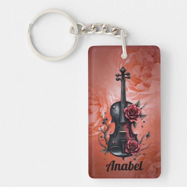 Gothic black violin with red roses  key ring (Front)