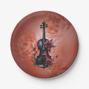 Gothic black violin with red roses paper plate