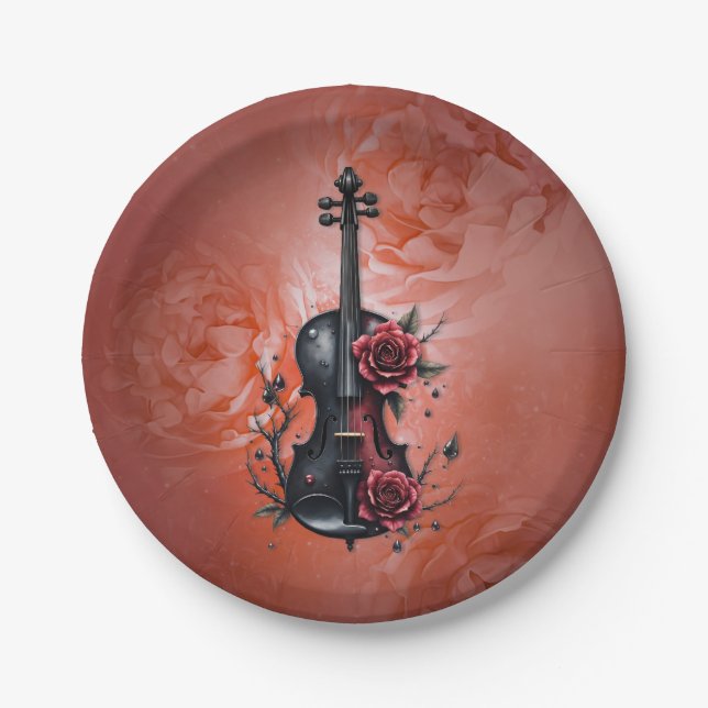 Gothic black violin with red roses  paper plate (Front)