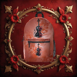 Gothic black violin with red roses  printed backpack