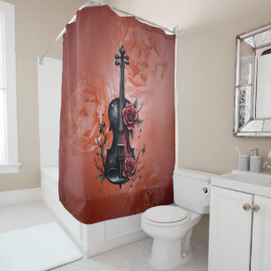 Gothic black violin with red roses shower curtain