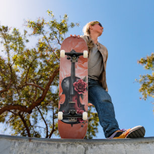 Gothic black violin with red roses skateboard