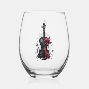 Gothic black violin with red roses stemless wine glass