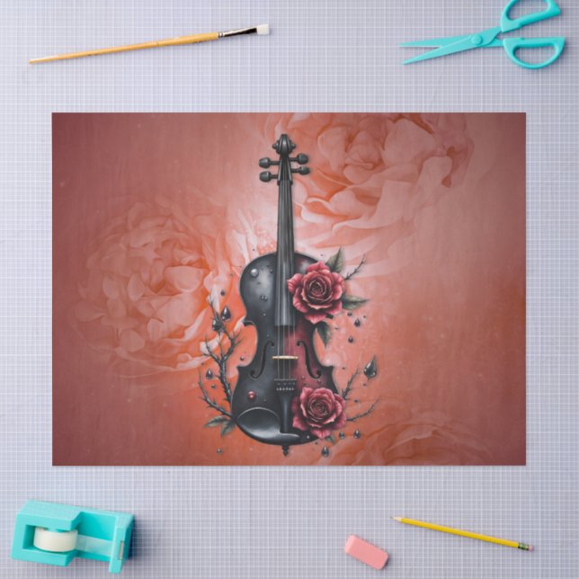 Gothic black violin with red roses  tissue paper (Craft)