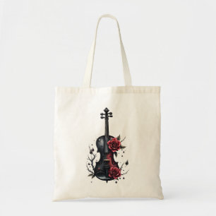 Gothic black violin with red roses  tote bag