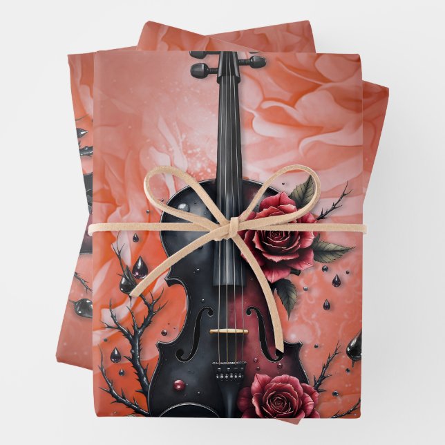 Gothic black violin with red roses wrapping paper sheet (In situ)