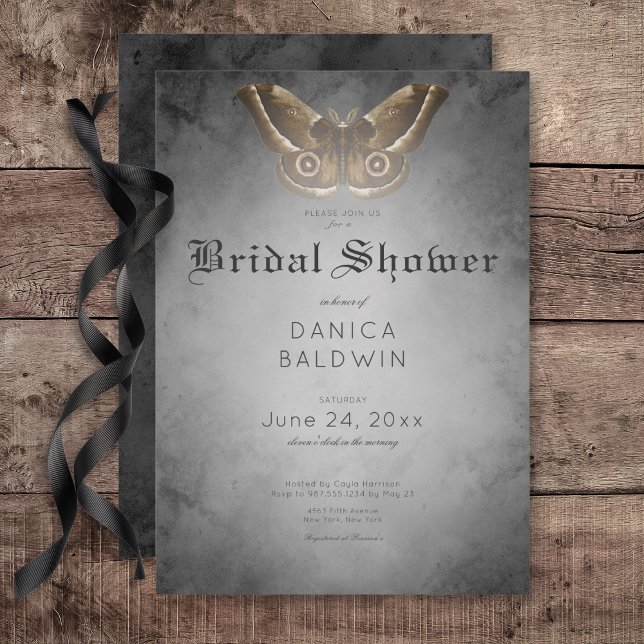 Gothic Black Watercolor Brown Moth Bridal Shower Invitation (Gothic Black Watercolor Brown Moth Bridal Shower Invitation)
