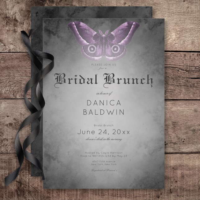 Gothic Black Watercolor Purple Moth Bridal Brunch Invitation (Gothic Black Watercolor Purple Moth Bridal Brunch Invitation)