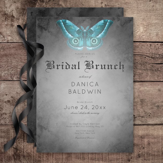 Gothic Black Watercolor Teal Moth Bridal Brunch Invitation (Gothic Black Watercolor Teal Moth Bridal Brunch Invitation)