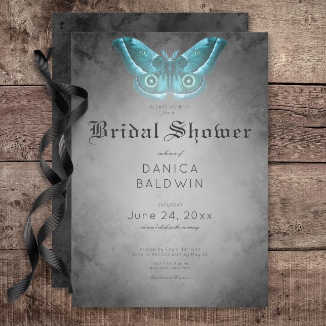 Gothic Black Watercolor Teal Moth Bridal Shower Invitation (Gothic Black Watercolor Teal Moth Bridal Shower Invitation)