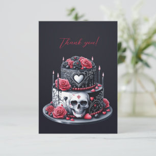 Gothic Black Wedding Cake Skull Flowers Thank You Card
