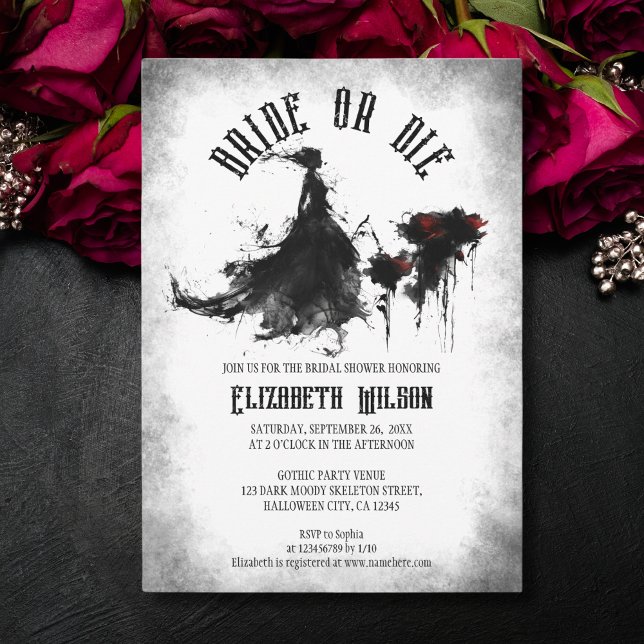 Gothic Black Wedding Dress Bride or Die Bridal Invitation (gothic watercolor bride silhouette)