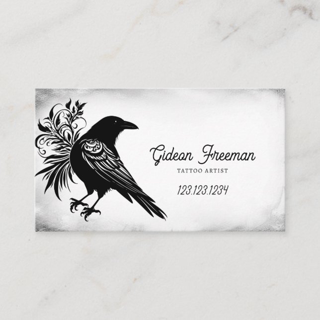 Gothic Black & White Crow Tattoo Artist Business Card (Front)