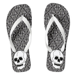Gothic Black White Damask Pattern White Skull Thongs