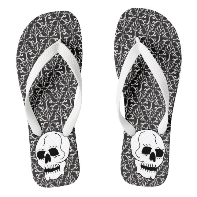 Gothic Black White Damask Pattern White Skull Thongs (Footbed)