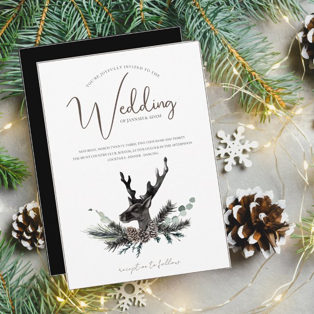 Gothic Black White Dear Head Christmas Wedding Invitation (Creator Uploaded)