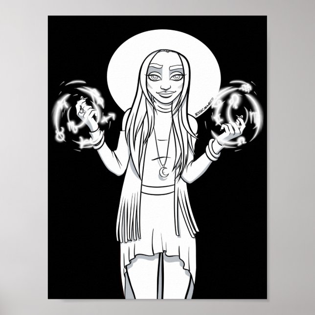 Gothic Black White Female Anime Witch Illustration Poster (Front)