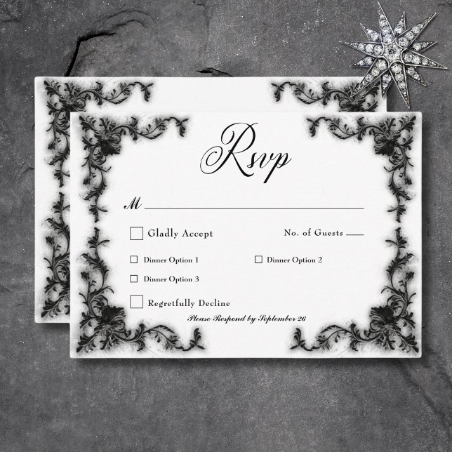 Gothic Black & White Filigree Heart Dinner RSVP Card (Gothic Black & White Filigree Heart Dinner RSVP Card)