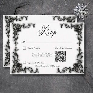 Gothic Black & White Filigree Heart QR Code RSVP Card