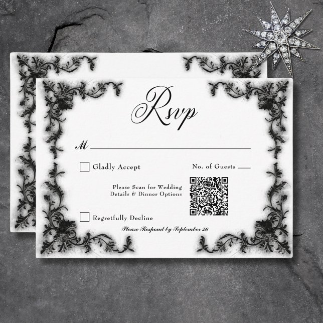 Gothic Black & White Filigree Heart QR Code RSVP Card (Gothic Black & White Filigree Heart QR Code RSVP Card)