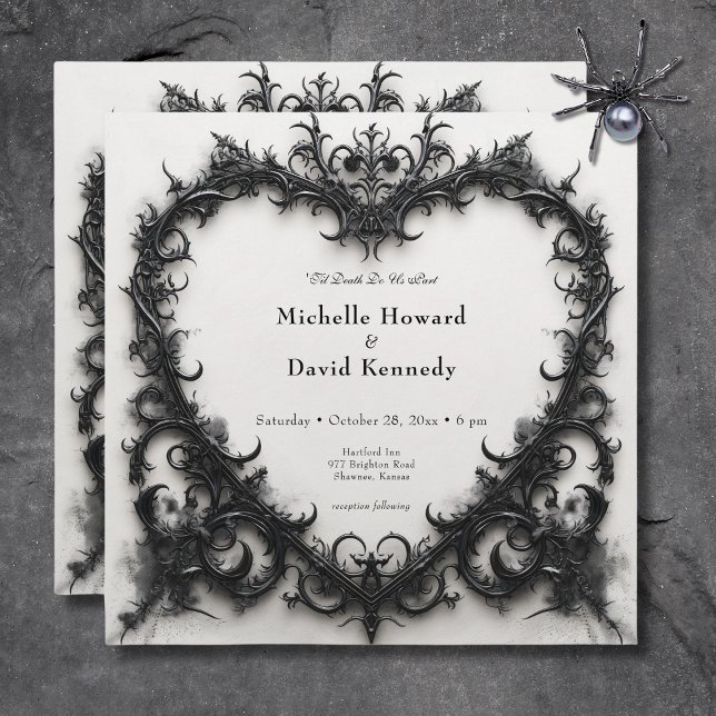 Gothic Black & White Filigree Heart Wedding Invitation (Gothic Black & White Filigree Heart Wedding Invitation)