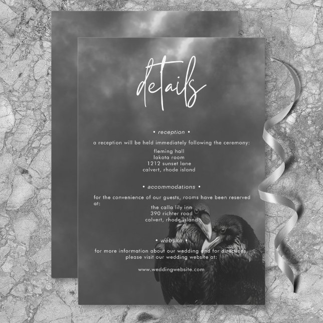 Gothic Black & White Raven Embrace Wedding Details Enclosure Card (Gothic Black & White Raven Embrace Wedding Details Enclosure Card)