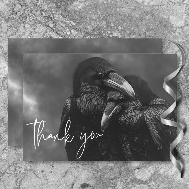 Gothic Black & White Raven Embrace Wedding Thank You Card (Gothic Black & White Raven Embrace Wedding Thank You Card)