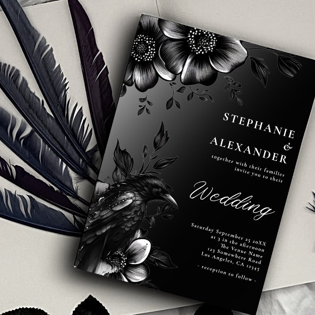 Gothic Black White Raven Floral Wedding Invitation (Creator Uploaded)