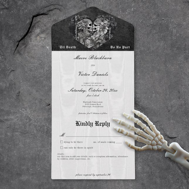 Gothic Black & White Skeleton Couple No Dinner All In One Invitation (Gothic Black & White Skeleton Couple No Dinner All In One Invitation)