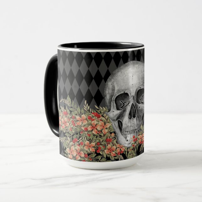 Gothic Black & White Skull & Flowers Mug (Front Left)