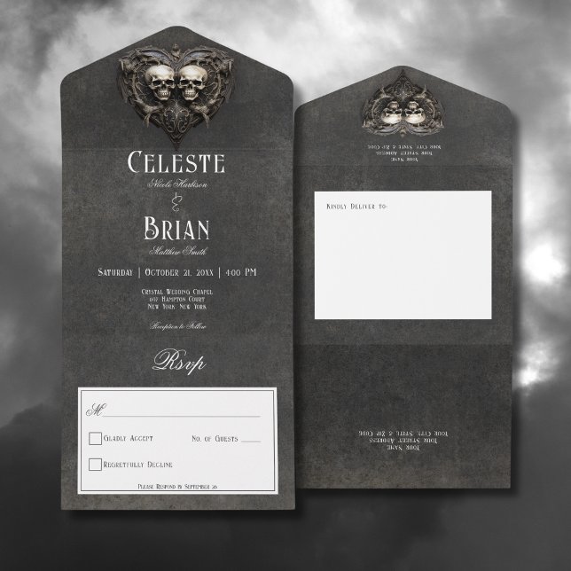 Gothic Black & White Skulls & Heart No Dinner All In One Invitation (Gothic Black & White Skulls & Heart All In One Wedding Invitation without Dinner Options)