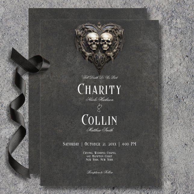 Gothic Black & White Skulls & Heart Wedding Invitation (Gothic Black & White Skulls & Heart Wedding Invitation)