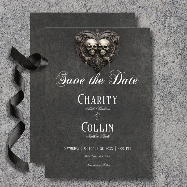 Gothic Black & White Skulls & Heart Wedding Save The Date (Gothic Black & White Skulls & Heart Wedding Save the Date Card)