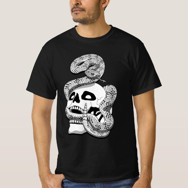 Gothic Black & White Snake and Skull Dark Art T-Shirt (Front)