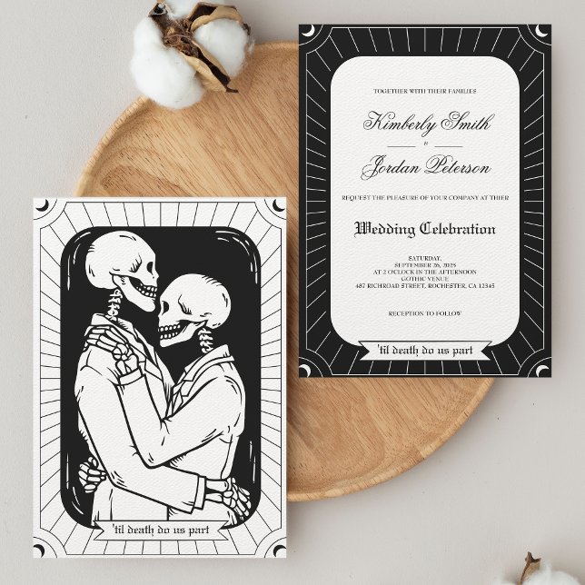 Gothic Black White Tarot Lovers Skeleton Wedding Invitation (Creator Uploaded)