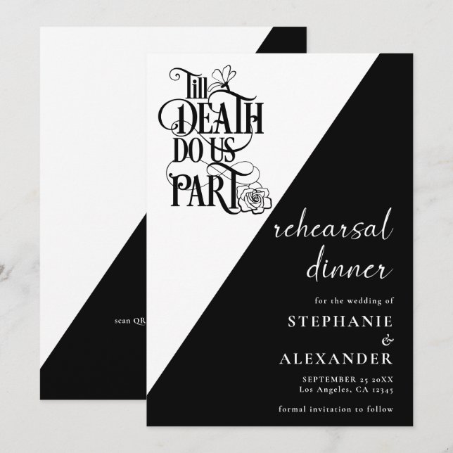 Gothic Black White Till Death Do Us Part Rehearsal Invitation (Front/Back)