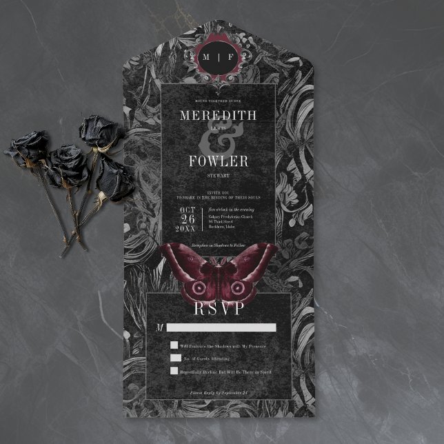 Gothic Black Wine Filigree Moth No Dinner Wedding All In One Invitation (Creator Uploaded)