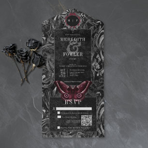 Gothic Black Wine Filigree Moth QR Code Wedding All In One Invitation