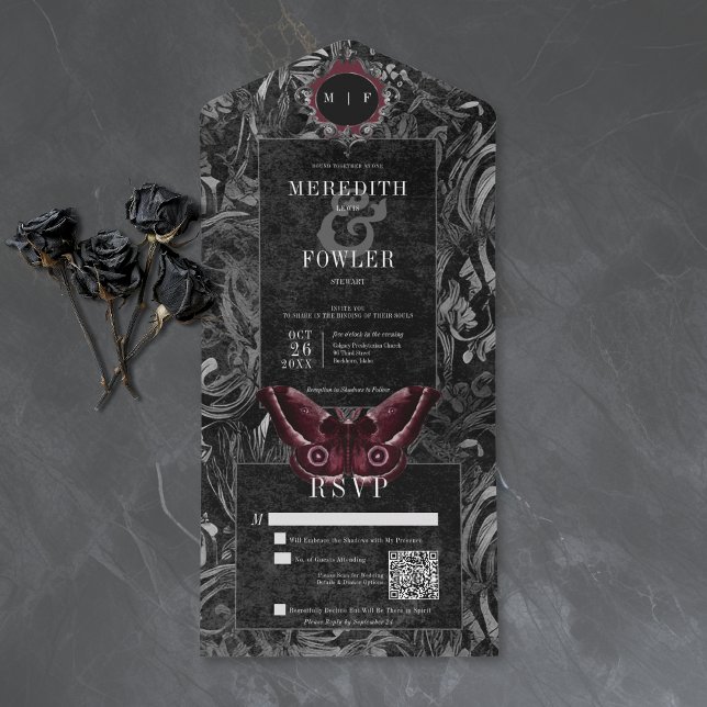 Gothic Black Wine Filigree Moth QR Code Wedding All In One Invitation (Creator Uploaded)