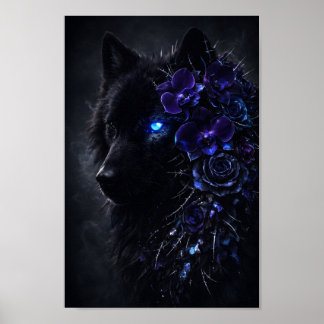Gothic Black Wolf Glowing Blue Eye Purple Floral Poster